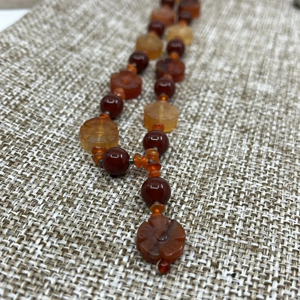 Vintage Amber & Red Jasper Flower Bead Necklace - 925 Silver, Adjustable 16-20" - Picture 9 of 11